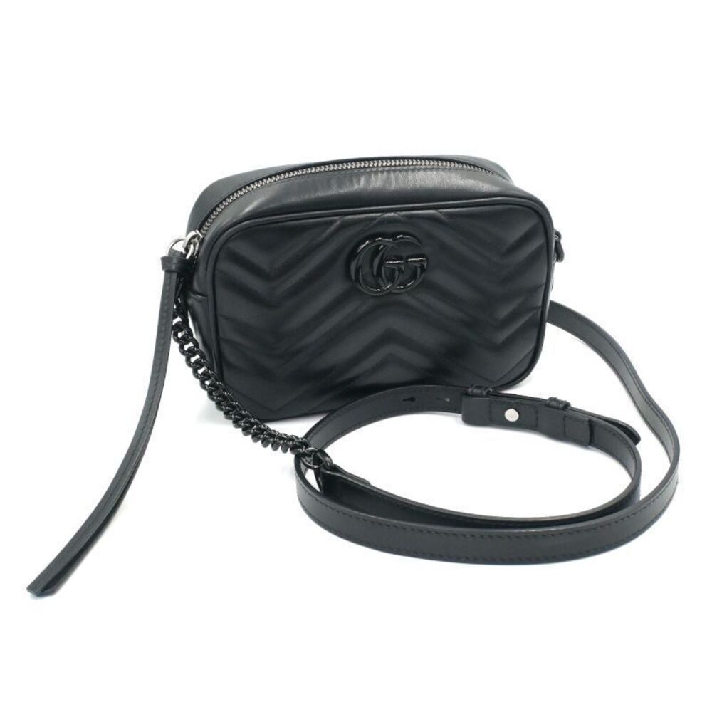 Gucci GG Marmont Camera Bag Chevron Quilted Leather Chain Top Handle Bag Black